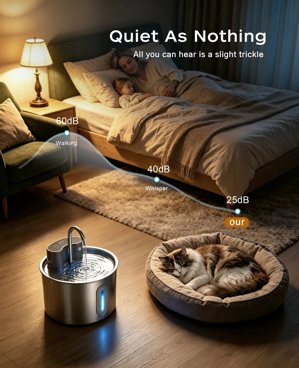 Cordless Stainless Steel Cat Water Fountain 74oz/2.2L,Battery Operated Quiet Automatic Wireless Pet Fountain for pets indoor