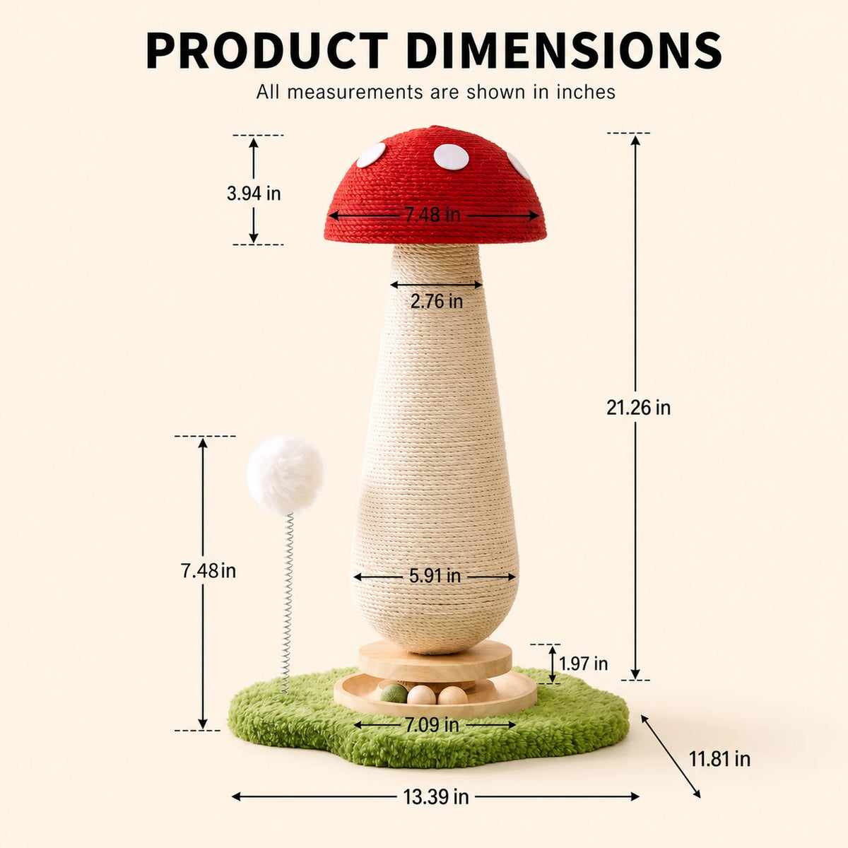 21'' Mushroom Cat Scratching Post with Sisal Rope & Interactive Turntable Ball, Compact Vertical Cat Tree for Small Spaces, Multi-Cat Homes, Apartment-Friendly Claw Protector