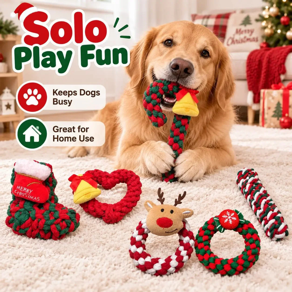 Christmas Dog Knot Toy Teeth Grinding Cotton Rope Dog Toy Love Cane Pet Toy Christmas Decoration Toy
