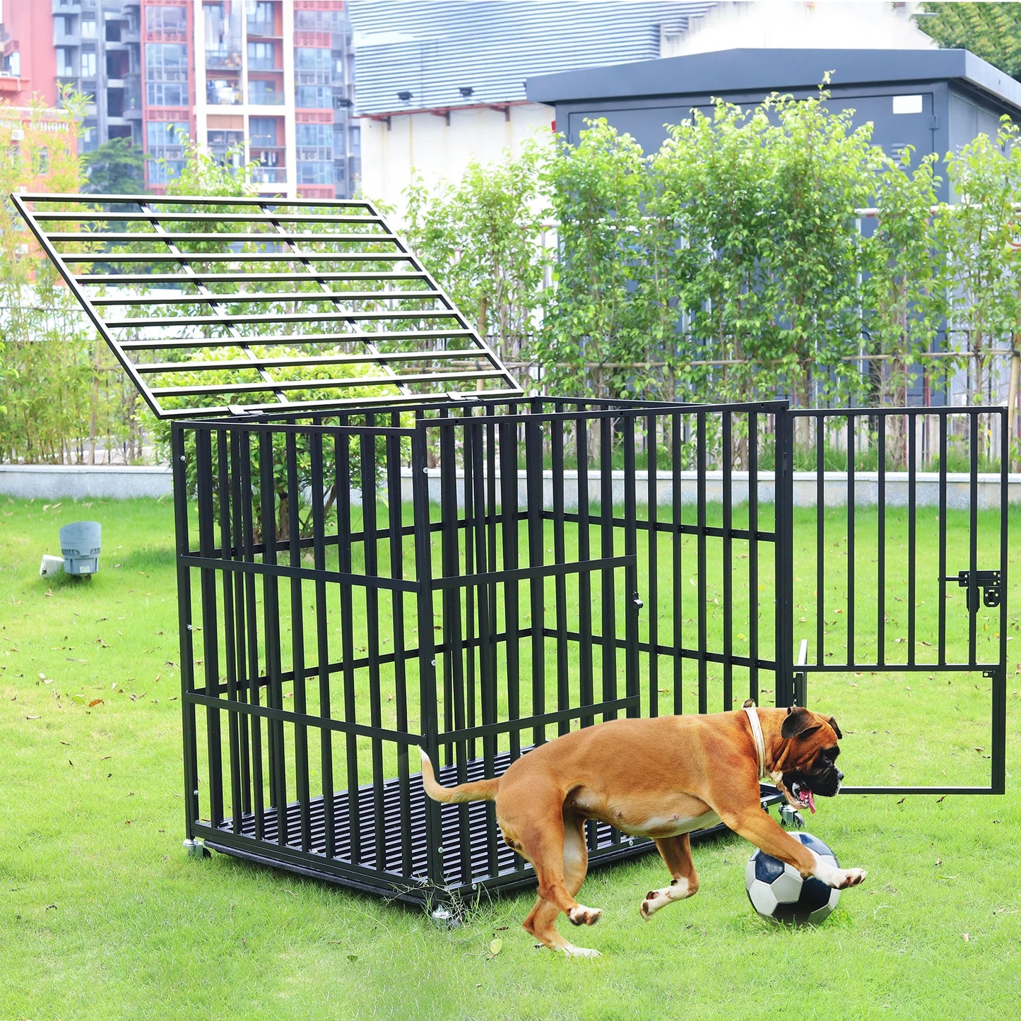 Large Heavy Duty Dog Crate with 4 Lockable Wheels 3 Doors and Tray Metal Pet Kennels Cage Playpen for Medium Large Dogs