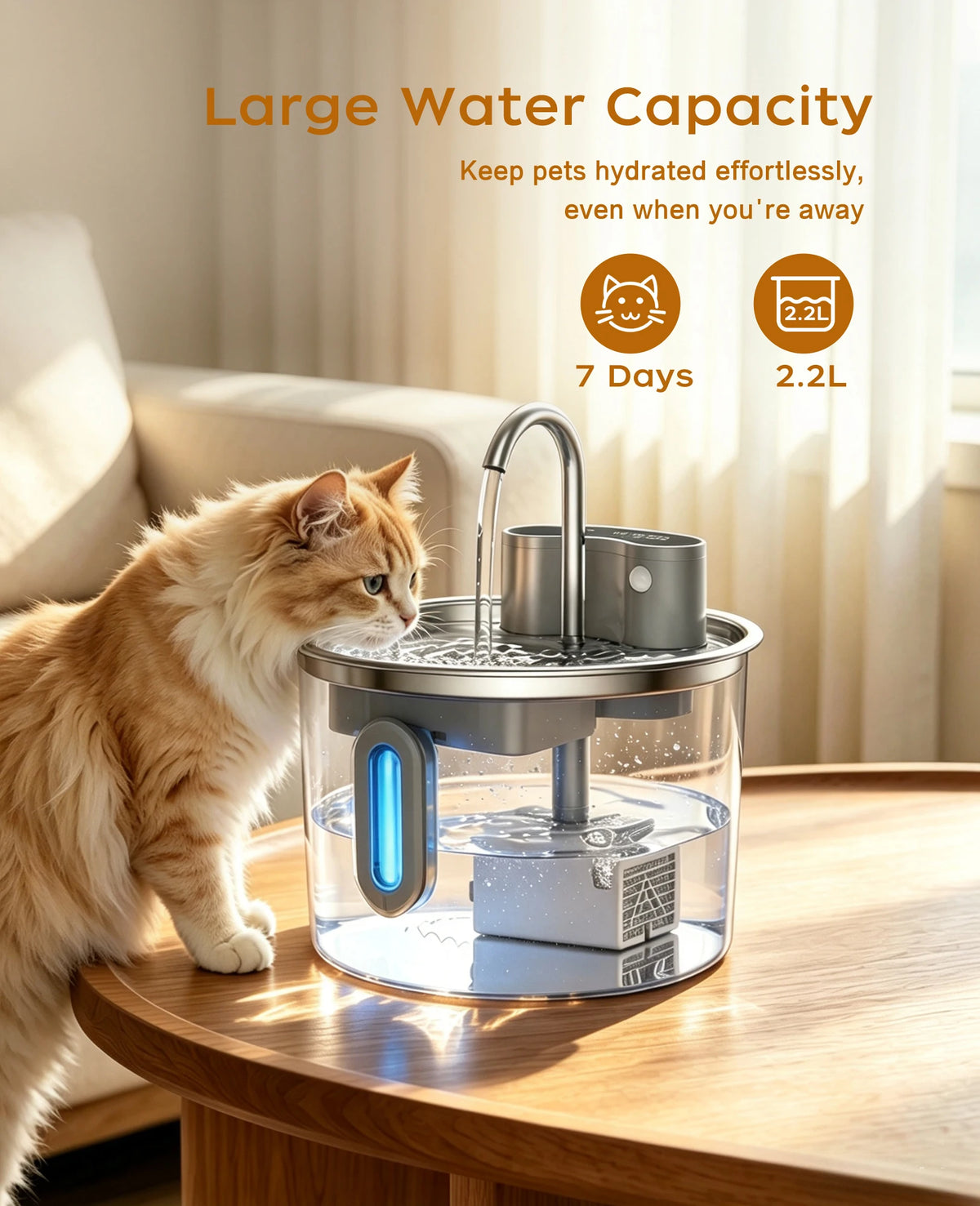 Cordless Stainless Steel Cat Water Fountain 74oz/2.2L,Battery Operated Quiet Automatic Wireless Pet Fountain for pets indoor