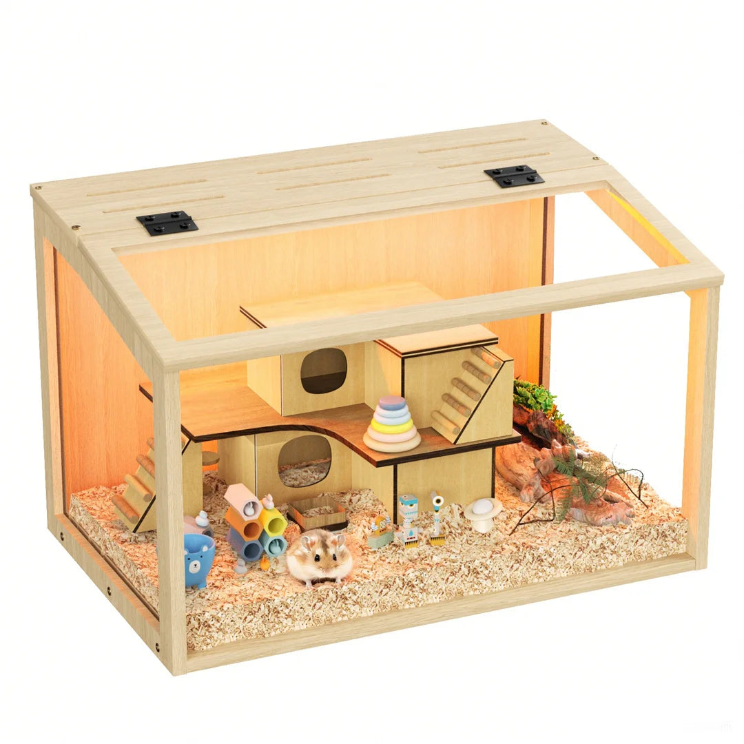 Large Natural Wooden Hamster Cage, Indoor Small Animal Habitat with Glass Panels & LED Light, Chew-Proof Enclosure for Hamsters Gerbils