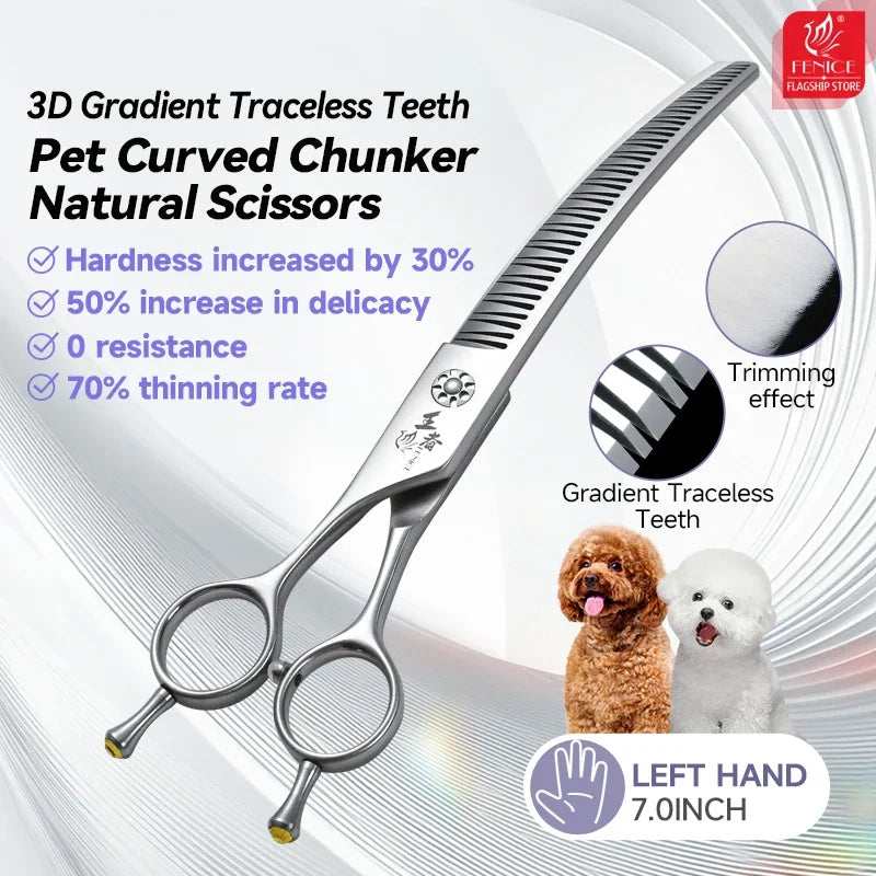 Fenice VG10 Left Hand 7 Inch 3D Traceless Teeth Curved Scissors for Dog Grooming Natural Chunker Hairdressing Shears for Canines