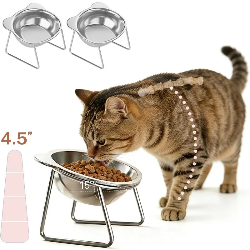 Cat Bowls Tilted Neck Guard Cat Food Bowl Indoor Stainless Steel Shatter Resistant Elevated 15° Pet Bowl For Kitten Puppy