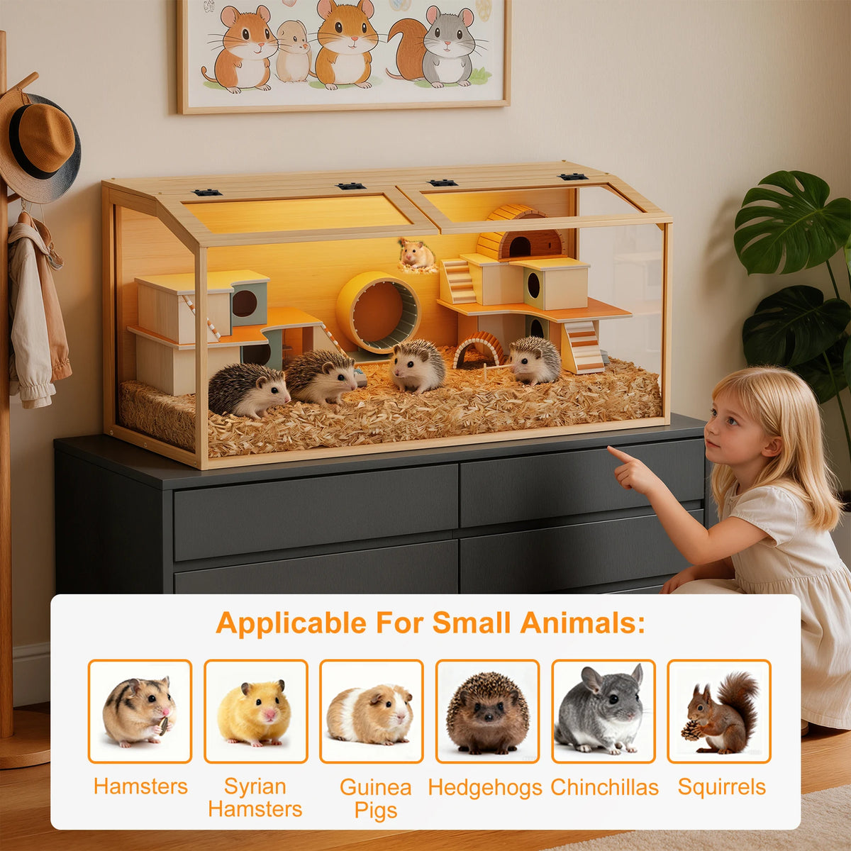Large Natural Wooden Hamster Cage, Indoor Small Animal Habitat with Glass Panels & LED Light, Chew-Proof Enclosure for Hamsters Gerbils