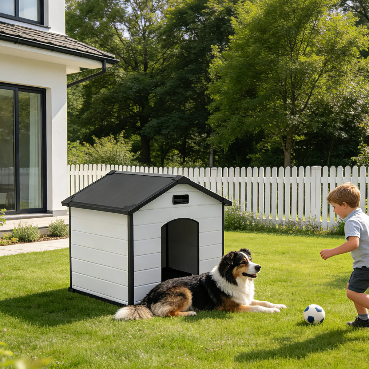 Large Waterproof Dog House for Indoor & Outdoor Use Durable Plastic Kennel with Removable Roof, Elevated Floor Air Vents – 57L x 47W x 50H