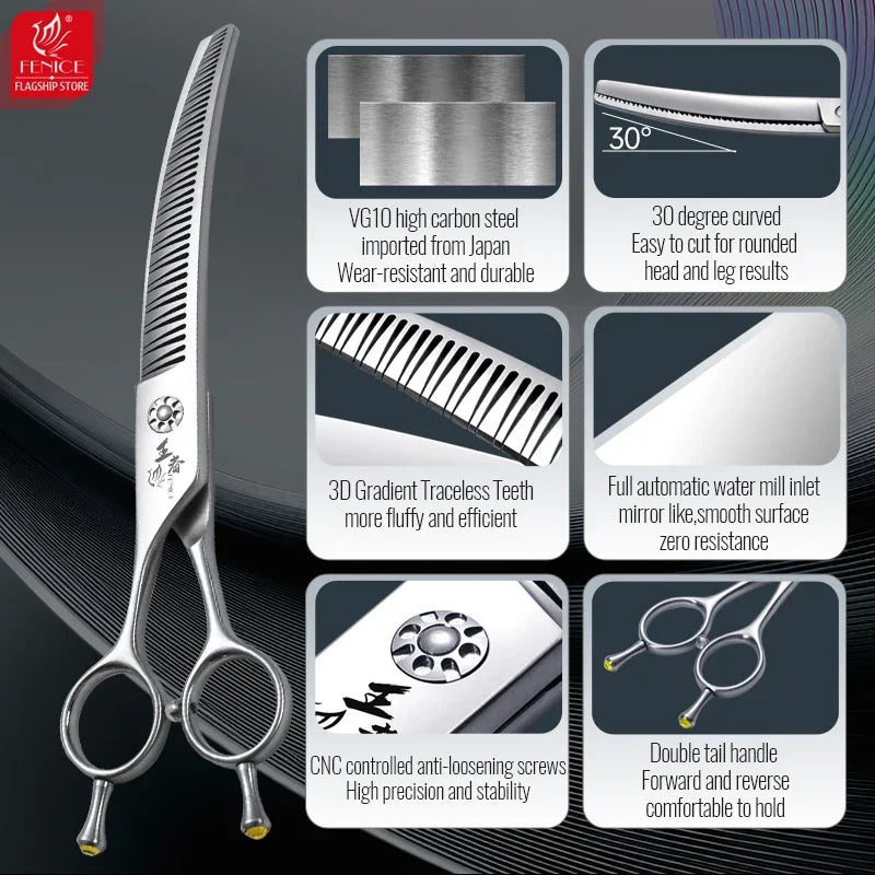 Fenice VG10 Left Hand 7 Inch 3D Traceless Teeth Curved Scissors for Dog Grooming Natural Chunker Hairdressing Shears for Canines