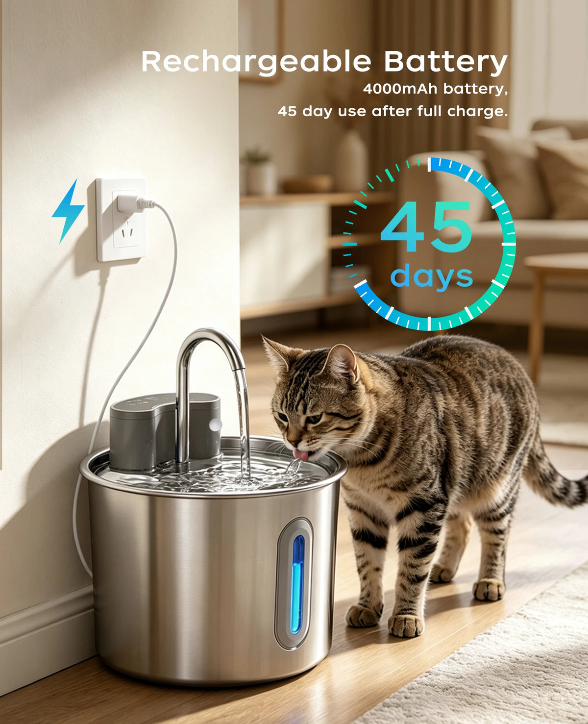 Cordless Stainless Steel Cat Water Fountain 74oz/2.2L,Battery Operated Quiet Automatic Wireless Pet Fountain for pets indoor