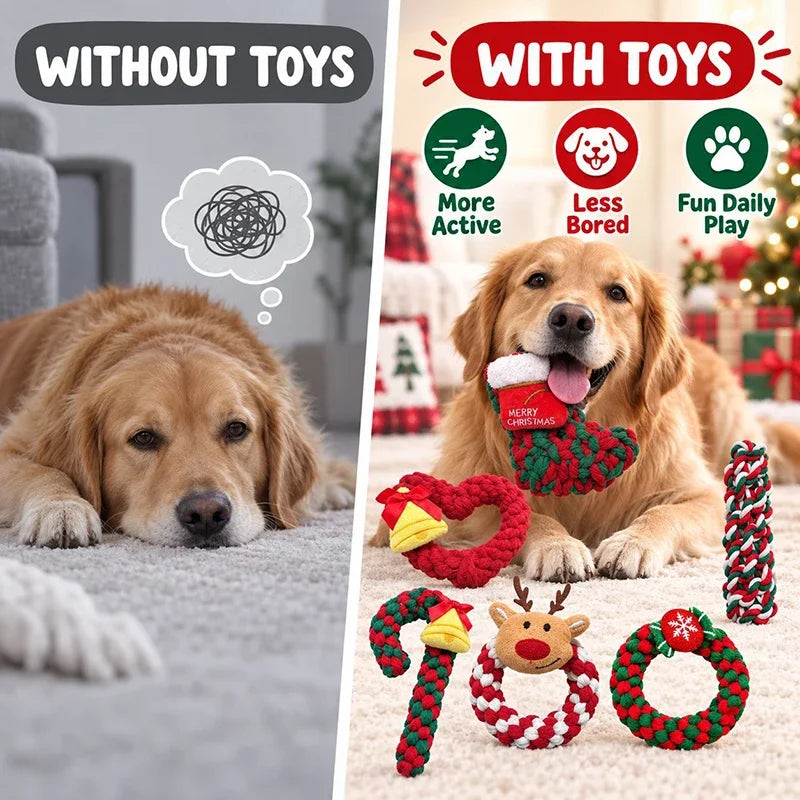 Christmas Dog Knot Toy Teeth Grinding Cotton Rope Dog Toy Love Cane Pet Toy Christmas Decoration Toy
