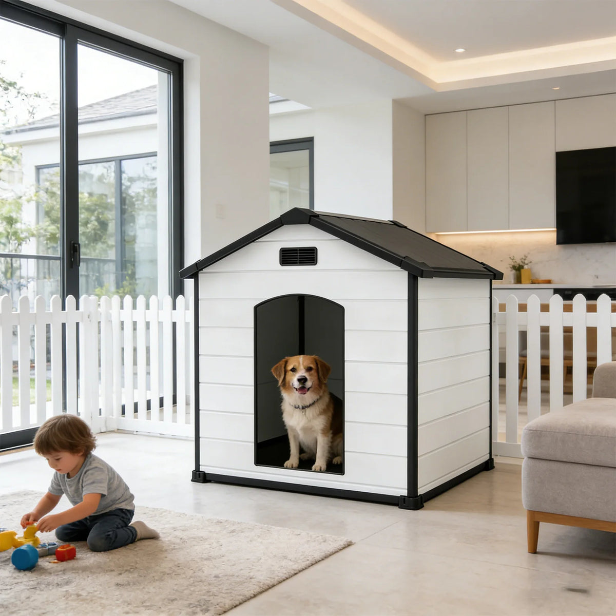 Large Waterproof Dog House for Indoor & Outdoor Use Durable Plastic Kennel with Removable Roof, Elevated Floor Air Vents – 57L x 47W x 50H