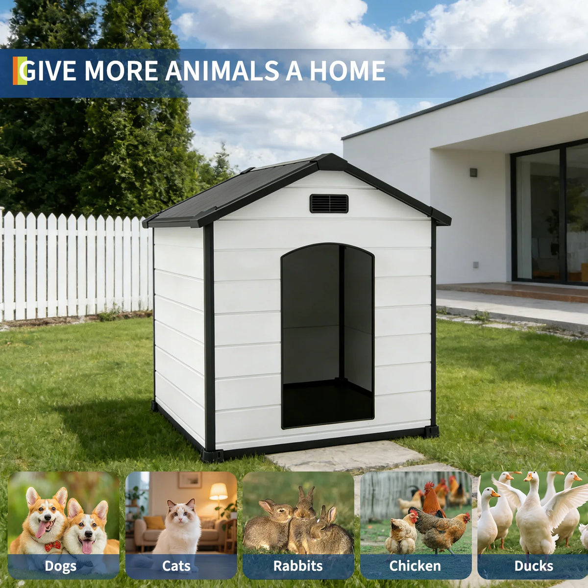 Large Waterproof Dog House for Indoor & Outdoor Use Durable Plastic Kennel with Removable Roof, Elevated Floor Air Vents – 57L x 47W x 50H