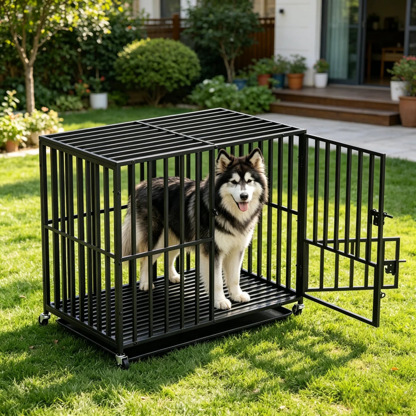 Large Heavy Duty Dog Crate with 4 Lockable Wheels 3 Doors and Tray Metal Pet Kennels Cage Playpen for Medium Large Dogs
