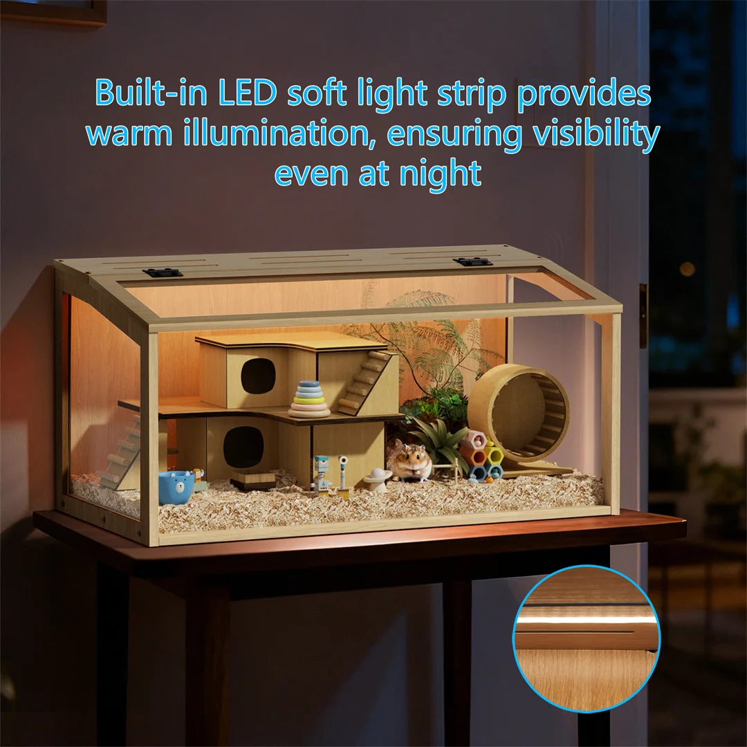 Large Natural Wooden Hamster Cage, Indoor Small Animal Habitat with Glass Panels & LED Light, Chew-Proof Enclosure for Hamsters Gerbils