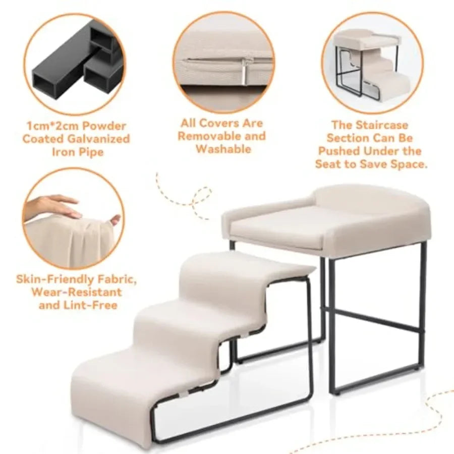 Dog window perch with stairs for indoor use, plush foam upholstery in gray, soft comfort and easy access for small pets