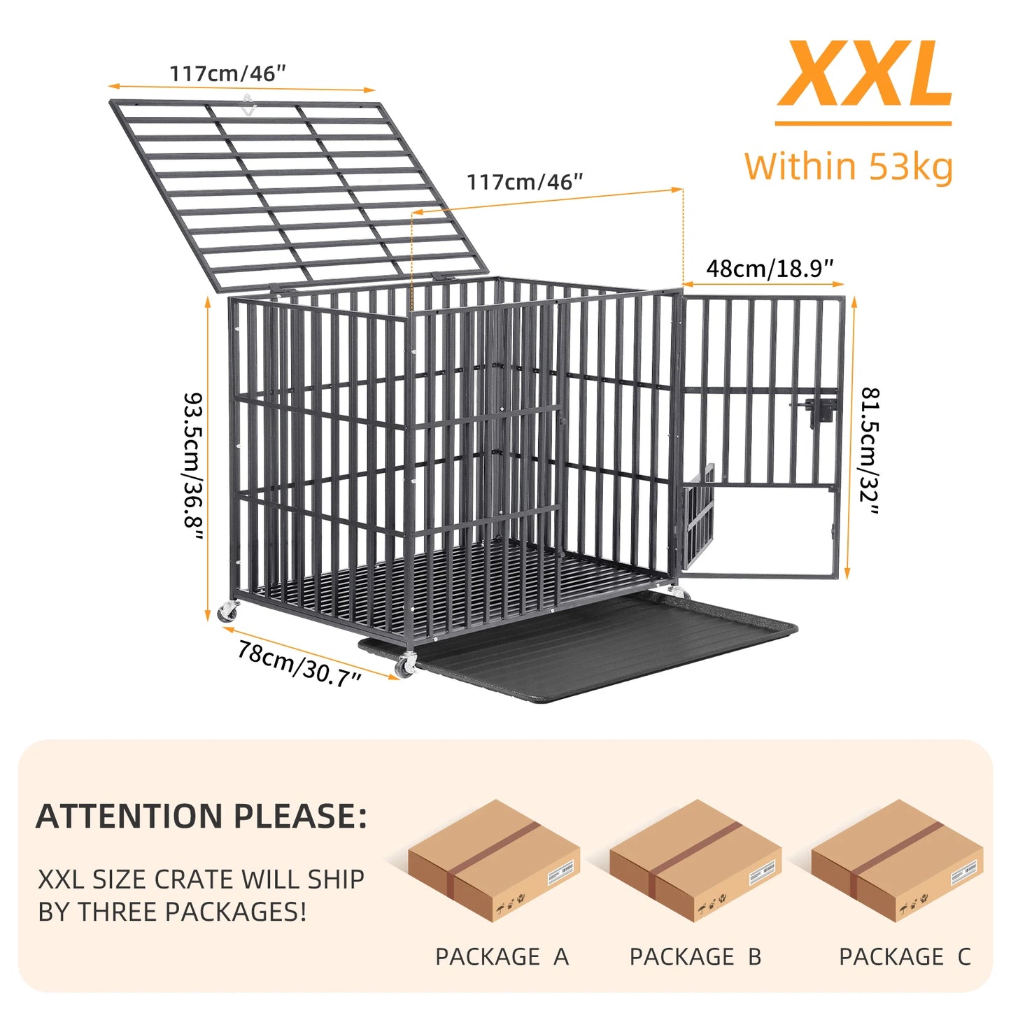 Large Heavy Duty Dog Crate with 4 Lockable Wheels 3 Doors and Tray Metal Pet Kennels Cage Playpen for Medium Large Dogs