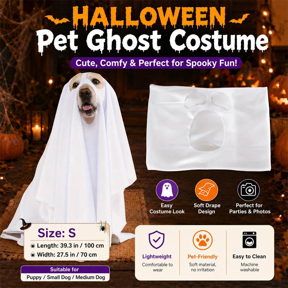 Halloween Ghost-shaped Pet Cloak Reindeer Horn Headband Dress-up Suit Cosplay for Medium and Large Dogs