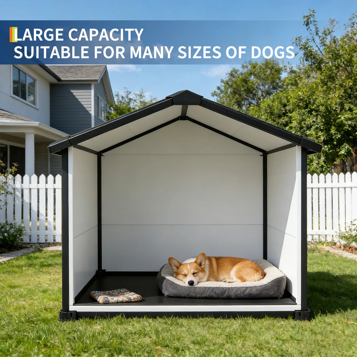 Large Waterproof Dog House for Indoor & Outdoor Use Durable Plastic Kennel with Removable Roof, Elevated Floor Air Vents – 57L x 47W x 50H