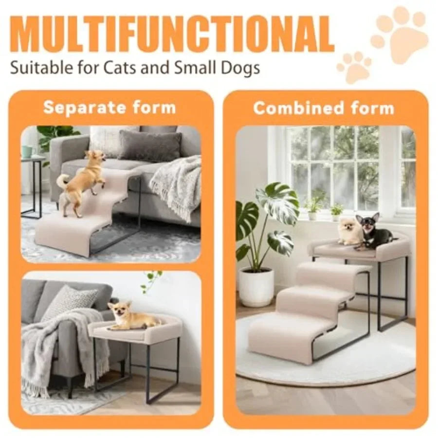 Dog window perch with stairs for indoor use, plush foam upholstery in gray, soft comfort and easy access for small pets