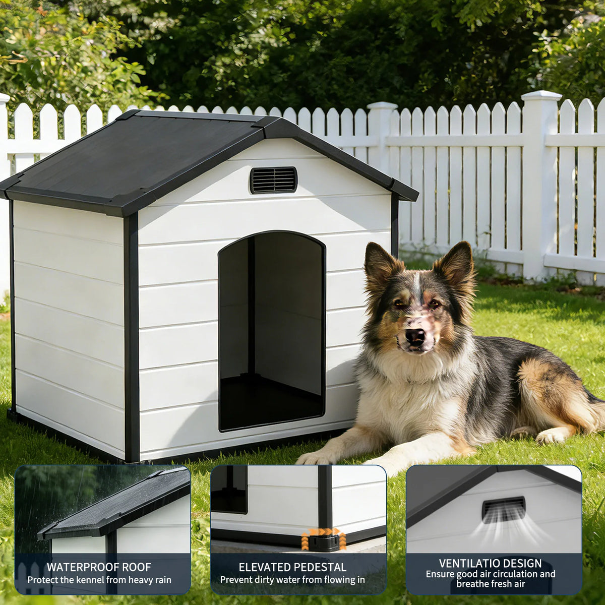 Large Waterproof Dog House for Indoor & Outdoor Use Durable Plastic Kennel with Removable Roof, Elevated Floor Air Vents – 57L x 47W x 50H