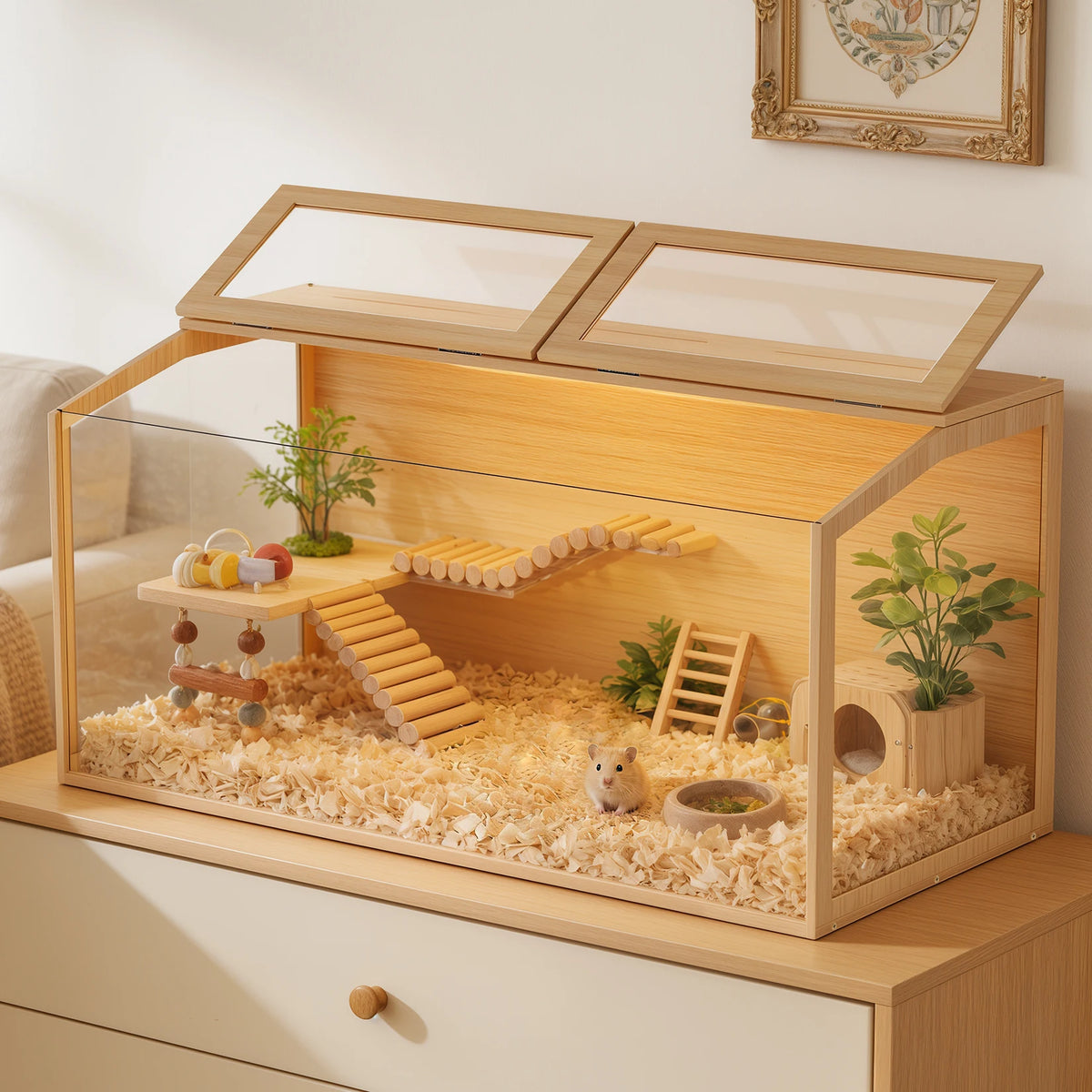 Large Natural Wooden Hamster Cage, Indoor Small Animal Habitat with Glass Panels & LED Light, Chew-Proof Enclosure for Hamsters Gerbils