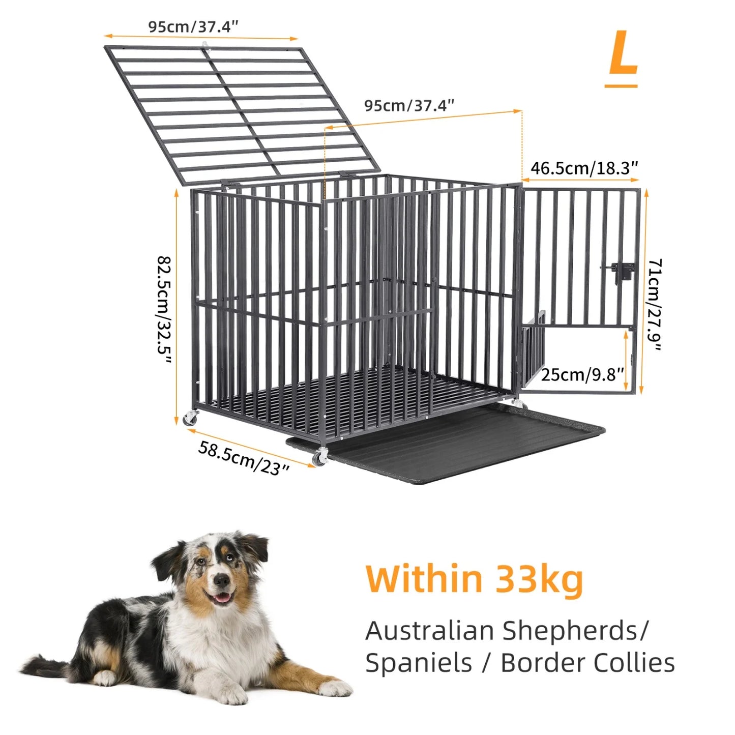 Large Heavy Duty Dog Crate with 4 Lockable Wheels 3 Doors and Tray Metal Pet Kennels Cage Playpen for Medium Large Dogs