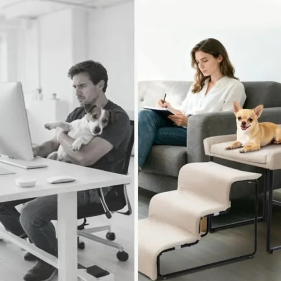 Dog window perch with stairs for indoor use, plush foam upholstery in gray, soft comfort and easy access for small pets