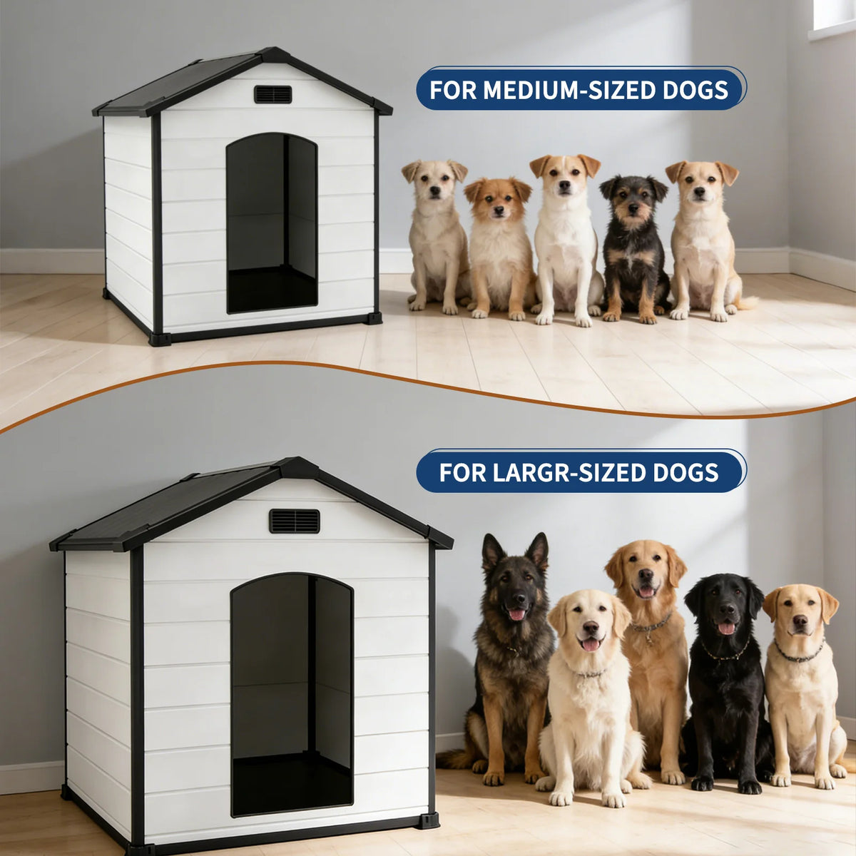 Large Waterproof Dog House for Indoor & Outdoor Use Durable Plastic Kennel with Removable Roof, Elevated Floor Air Vents – 57L x 47W x 50H
