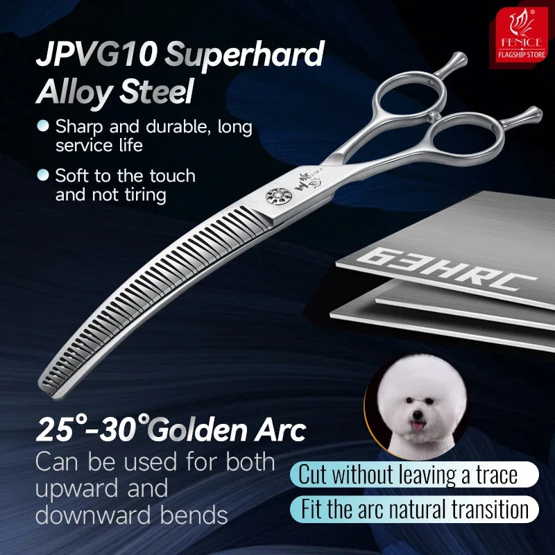 Fenice VG10 Left Hand 7 Inch 3D Traceless Teeth Curved Scissors for Dog Grooming Natural Chunker Hairdressing Shears for Canines