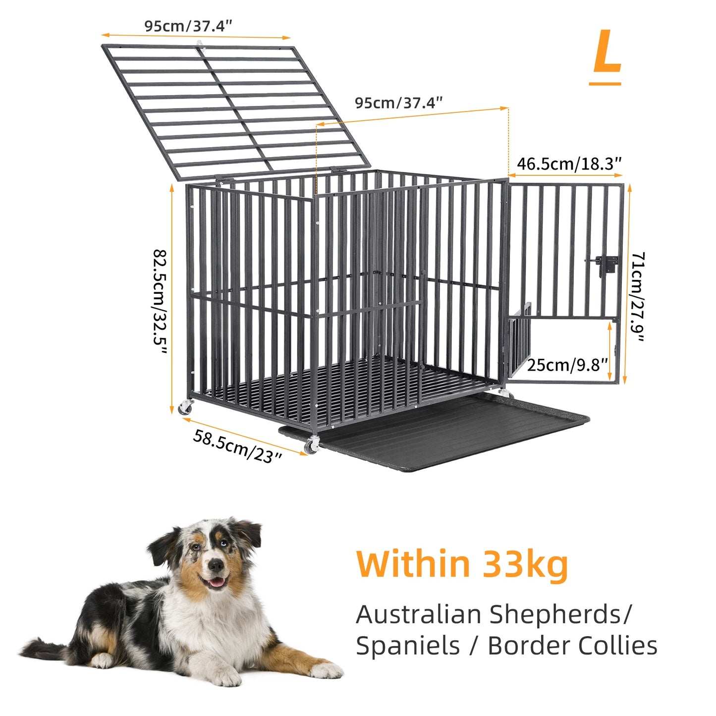 Large Heavy Duty Dog Crate with 4 Lockable Wheels 3 Doors and Tray Metal Pet Kennels Cage Playpen for Medium Large Dogs