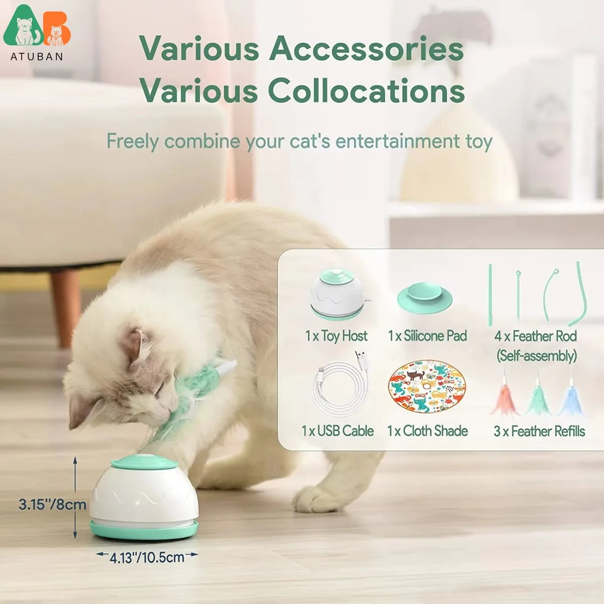 ATUBAN Automatic Motion Cat Toys-4 Modes Interactive Motorized Wand Toys,3 Feathers,Electronic Exercise Pet Toy for Indoor Cats