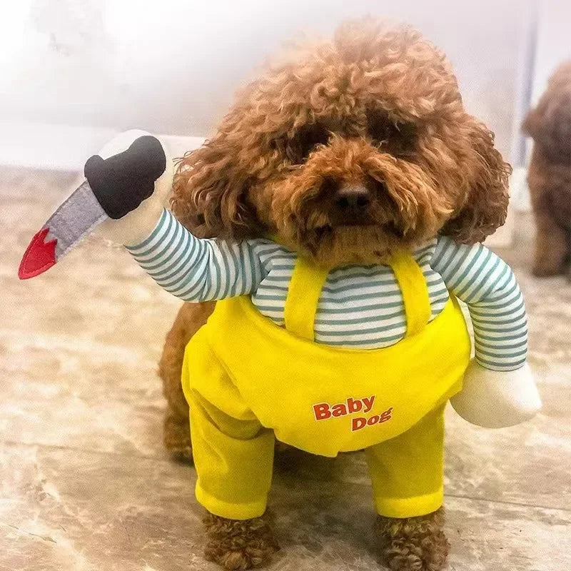 Halloween Doll Pet Chucky Costume -Funny 3D Upright Dog & Cat Outfit, Cosplay Party Clothes for ALL Puppy Kitten