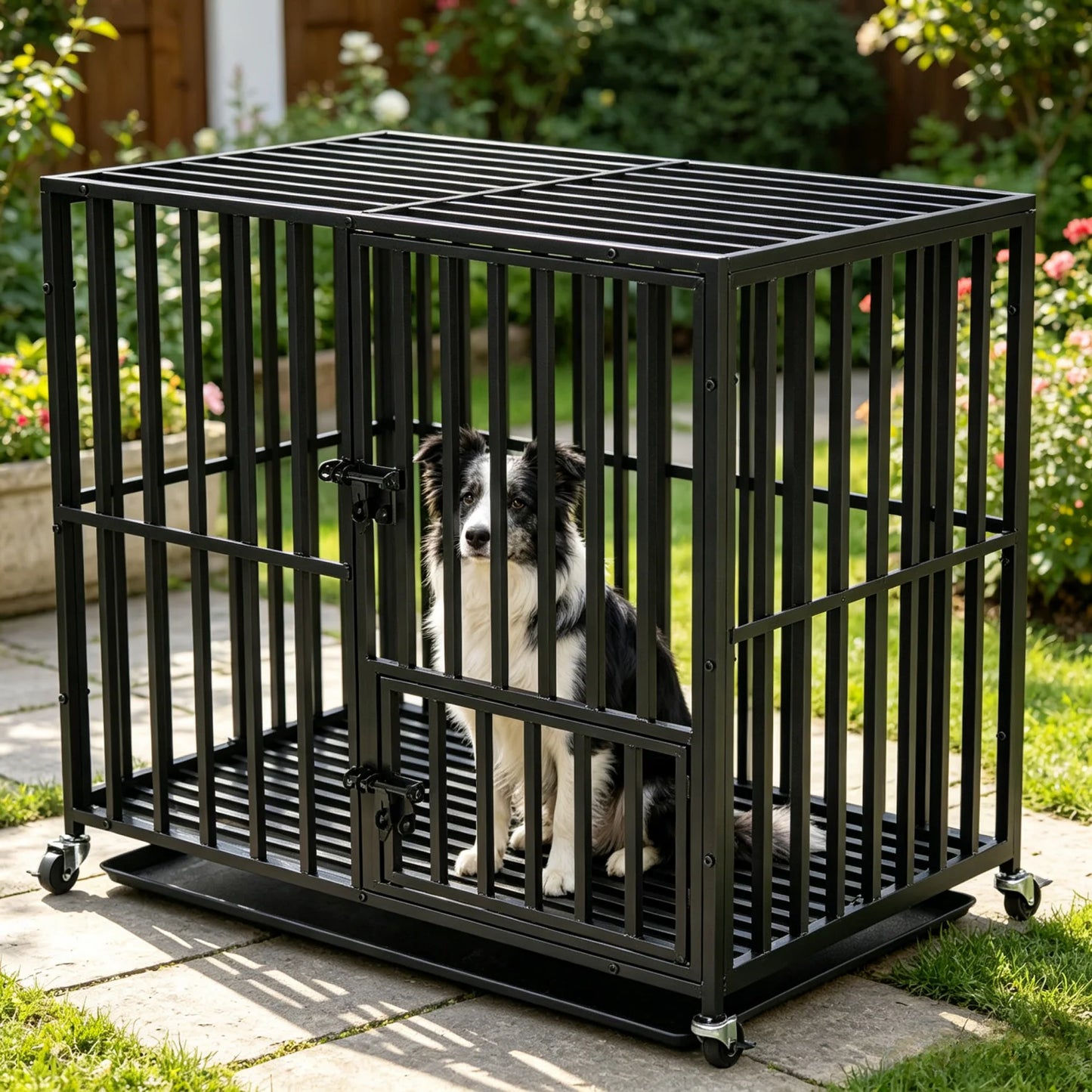 Large Heavy Duty Dog Crate with 4 Lockable Wheels 3 Doors and Tray Metal Pet Kennels Cage Playpen for Medium Large Dogs