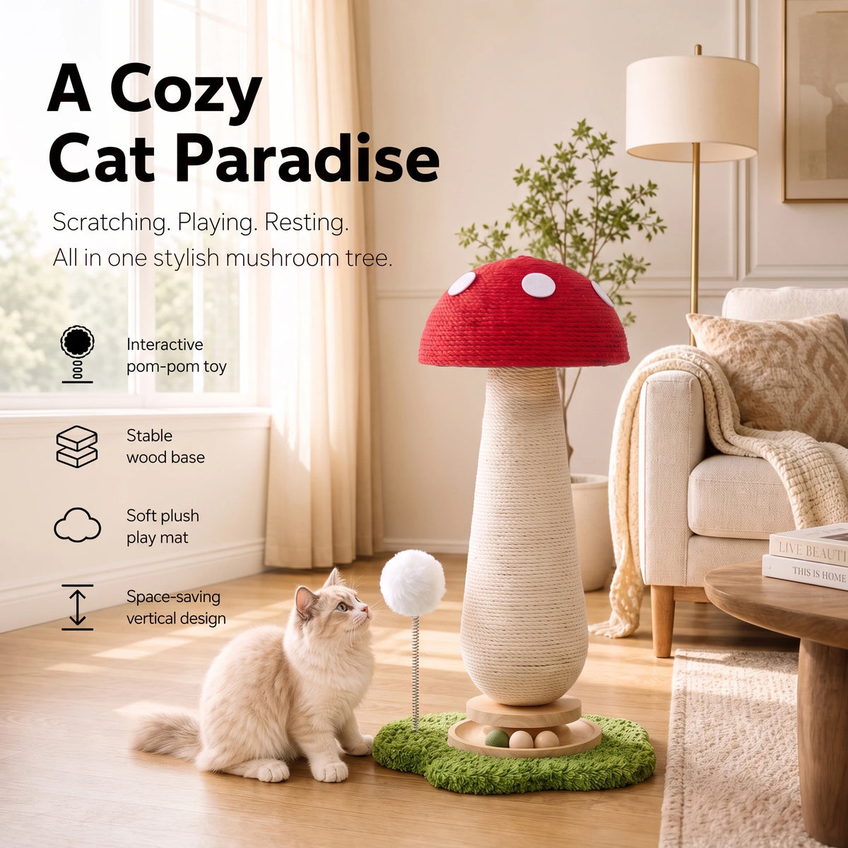 21'' Mushroom Cat Scratching Post with Sisal Rope & Interactive Turntable Ball, Compact Vertical Cat Tree for Small Spaces, Multi-Cat Homes, Apartment-Friendly Claw Protector