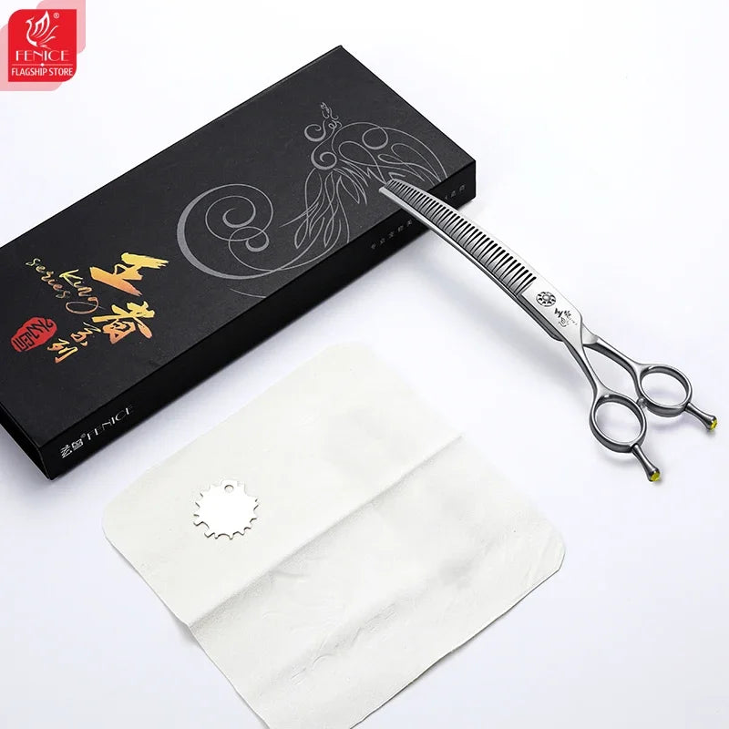 Fenice VG10 Left Hand 7 Inch 3D Traceless Teeth Curved Scissors for Dog Grooming Natural Chunker Hairdressing Shears for Canines