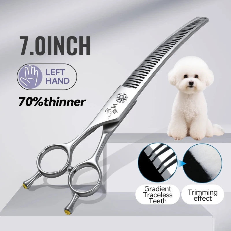 Fenice VG10 Left Hand 7 Inch 3D Traceless Teeth Curved Scissors for Dog Grooming Natural Chunker Hairdressing Shears for Canines