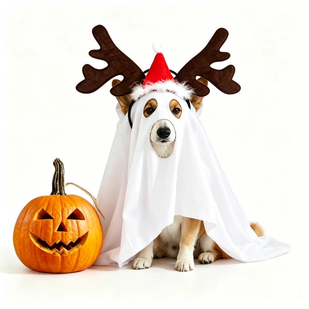 Halloween Ghost-shaped Pet Cloak Reindeer Horn Headband Dress-up Suit Cosplay for Medium and Large Dogs