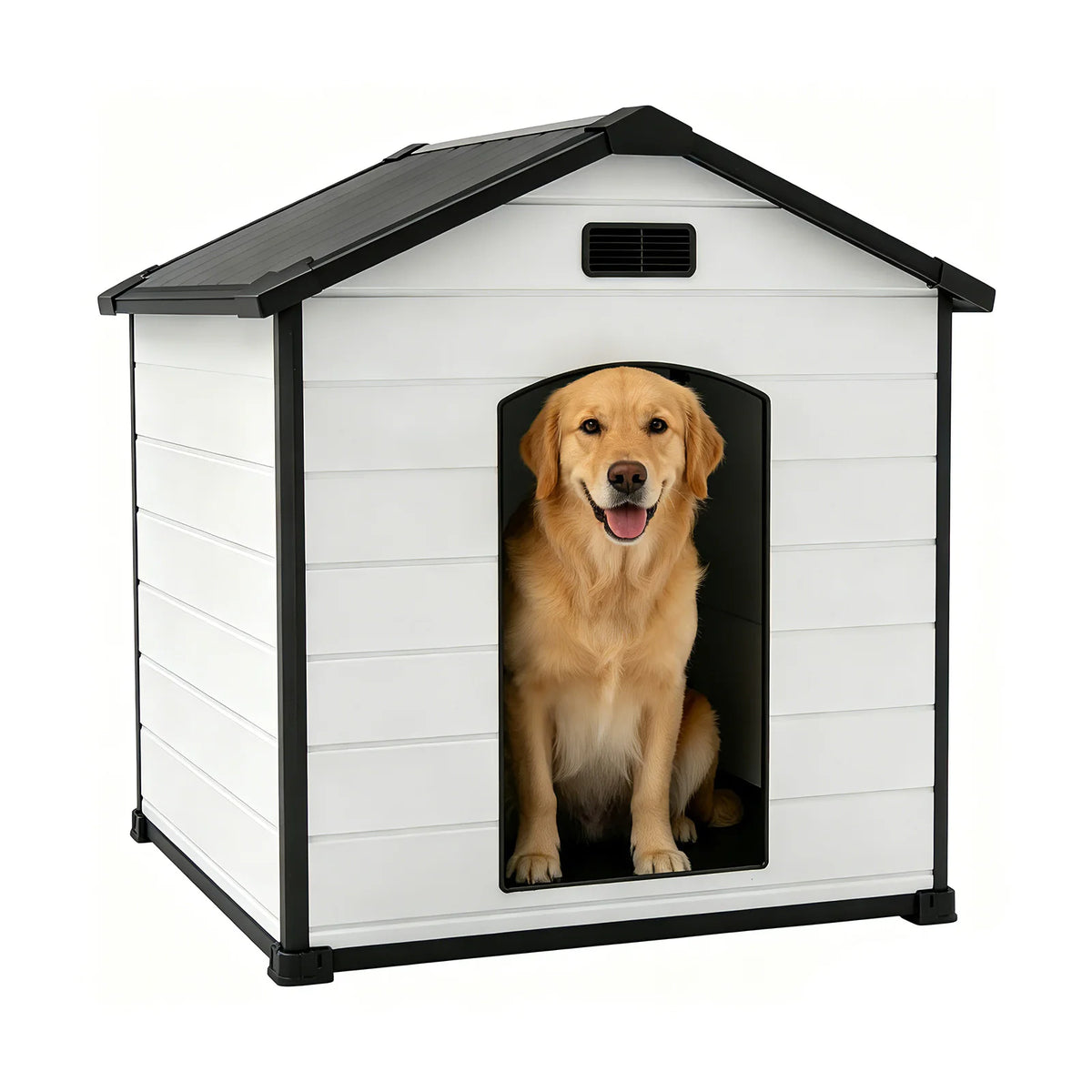 Large Waterproof Dog House for Indoor & Outdoor Use Durable Plastic Kennel with Removable Roof, Elevated Floor Air Vents – 57L x 47W x 50H