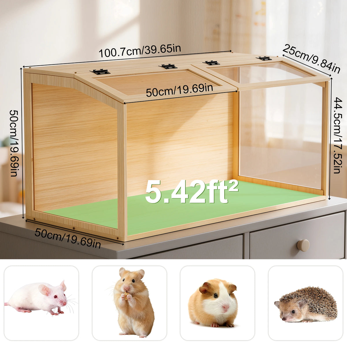Large Natural Wooden Hamster Cage, Indoor Small Animal Habitat with Glass Panels & LED Light, Chew-Proof Enclosure for Hamsters Gerbils