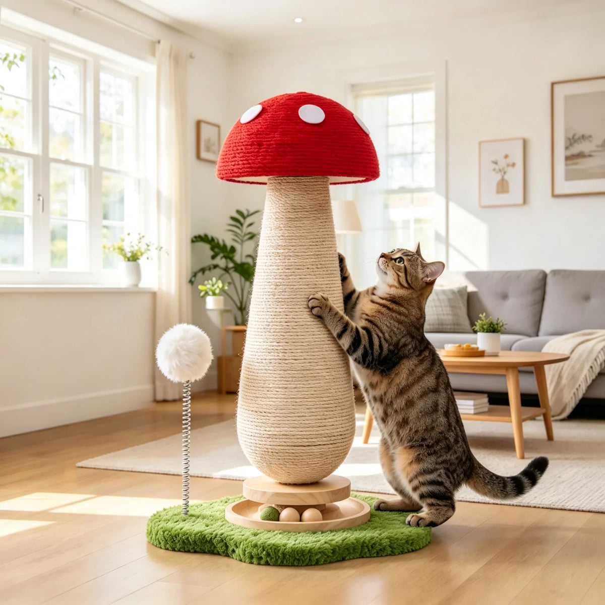 21'' Mushroom Cat Scratching Post with Sisal Rope & Interactive Turntable Ball, Compact Vertical Cat Tree for Small Spaces, Multi-Cat Homes, Apartment-Friendly Claw Protector