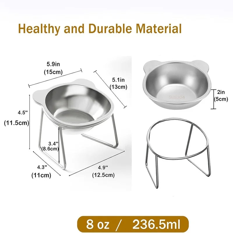 Cat Bowls Tilted Neck Guard Cat Food Bowl Indoor Stainless Steel Shatter Resistant Elevated 15° Pet Bowl For Kitten Puppy