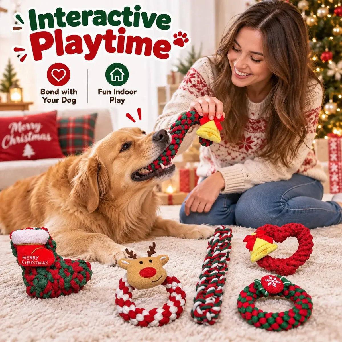 Christmas Dog Knot Toy Teeth Grinding Cotton Rope Dog Toy Love Cane Pet Toy Christmas Decoration Toy