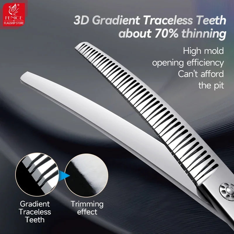 Fenice VG10 Left Hand 7 Inch 3D Traceless Teeth Curved Scissors for Dog Grooming Natural Chunker Hairdressing Shears for Canines
