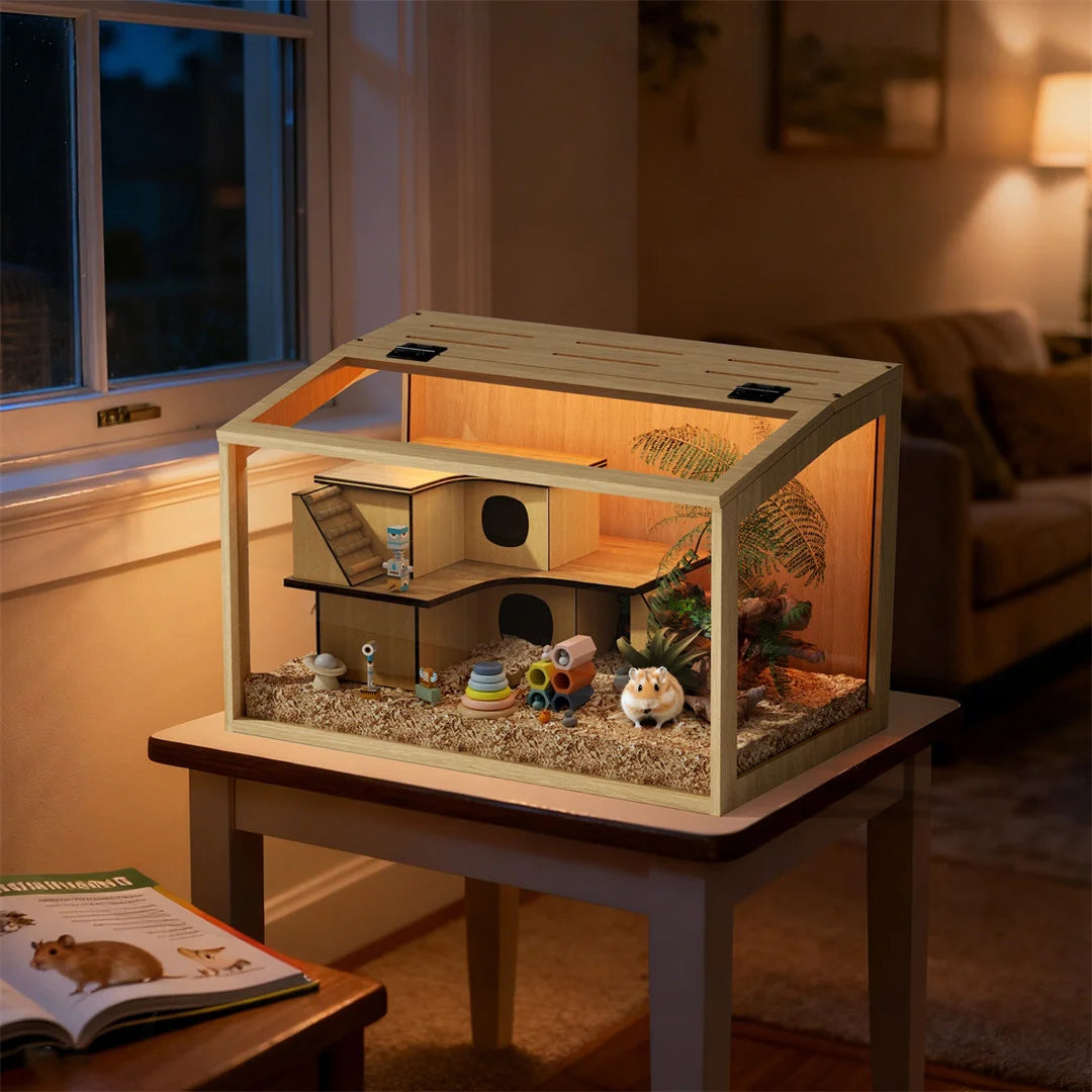 Large Natural Wooden Hamster Cage, Indoor Small Animal Habitat with Glass Panels & LED Light, Chew-Proof Enclosure for Hamsters Gerbils