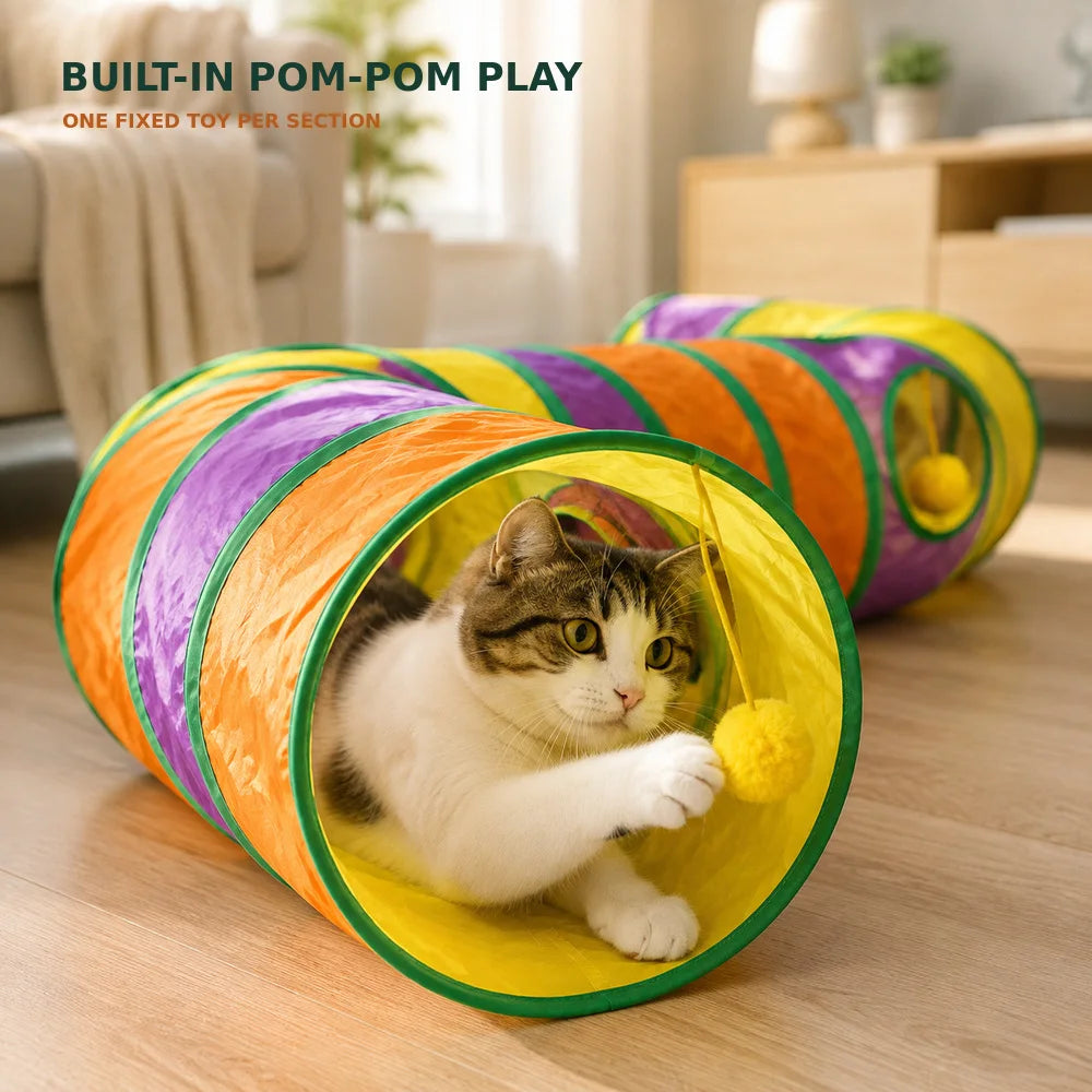 Zoe Extra Long Cat Tunnel Maze For Indoor Cats Double E Shaped Connectable Foldable Play Tunnel With Multiple Peek Holes Zipper Connection Two Hanging Pom Poms And Seven Interactive Toys For Kittens And Multi Cat Homes