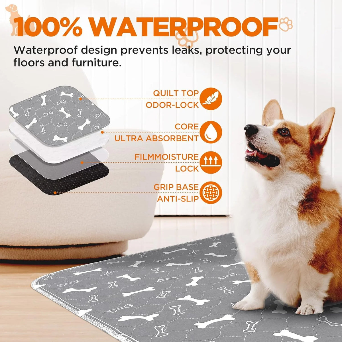 Washable Dog Pee Pads, 2 Pieces 18inchx24inch / 34inch X 36inch Reusable Puppy Pee Pads, Absorbent Pee Pads with Bone Print, Non-Slip Waterproof Pet Training Pads, Suitable for Sofas, Hardwood Floors