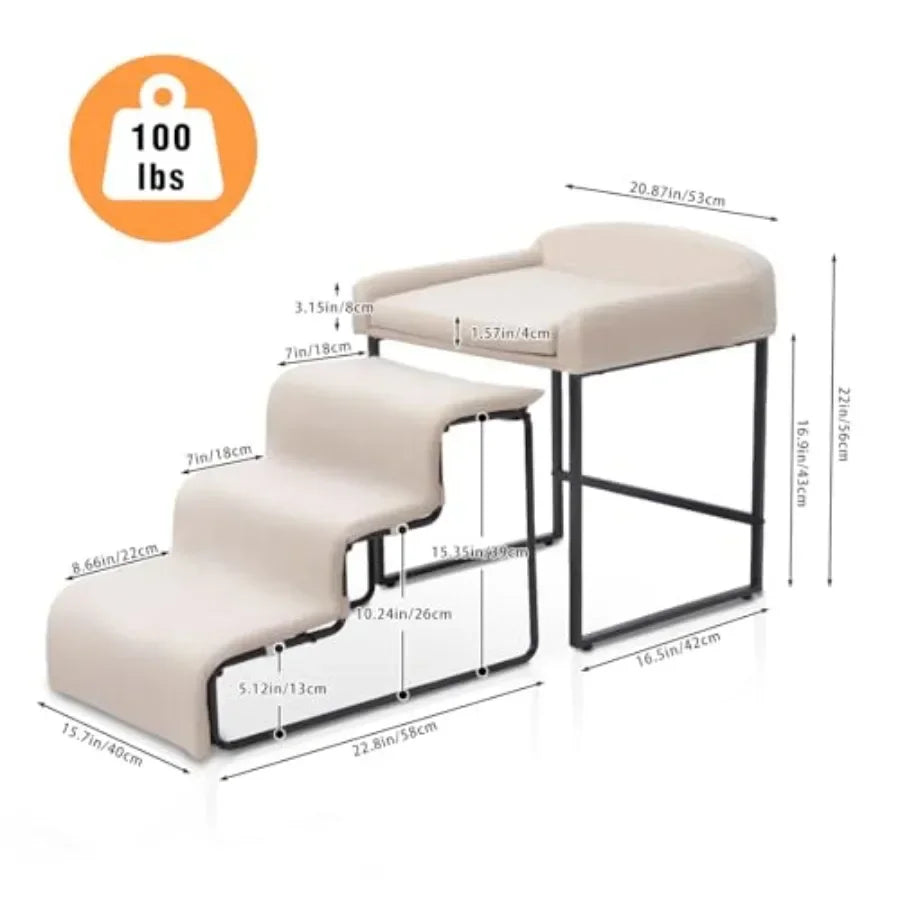 Dog window perch with stairs for indoor use, plush foam upholstery in gray, soft comfort and easy access for small pets